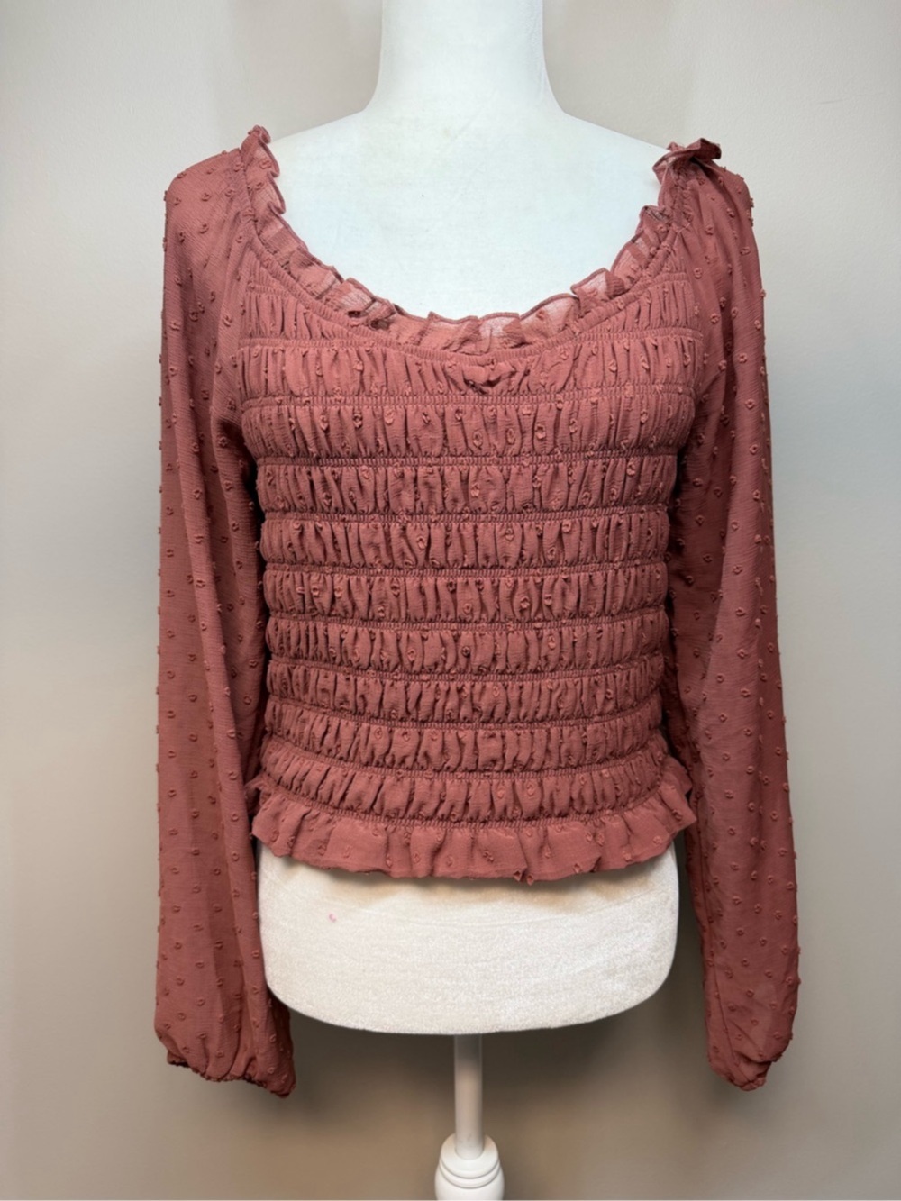 Altar'd State Deep Mauve Smocked Crop Clip Dot Blouse M